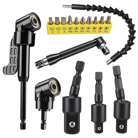 Cayludg 17Pcs Flexible Drill Bit Extension Set, Includes 105Â° Right Angle Drill Attachment, Rotatable Impact Grade Socket Adapter, Bendable Extension Screwdriver Bits Kit for Tight Spaces Repair 