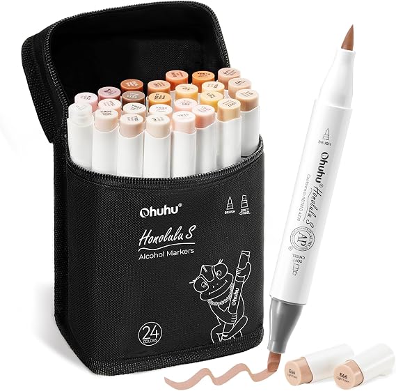Ohuhu Alcohol Markers 24 Skin Colors Brush Soft Chisel for Portrait Drawing