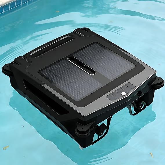Solar Powered Robotic Pool Skimmer Cleaner, 3+ Hours Runtime, Auto Obstacle Avoidance, Dual Charging, IPX7 for Pools Up to 80m2