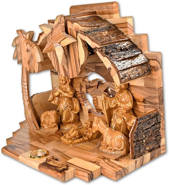 Generic Wooden Nativity Set with Bark Roof Made of Olive Wood in The Holy Land - Christmas Nativity for Home Decor - Christmas Nativity Scene Set