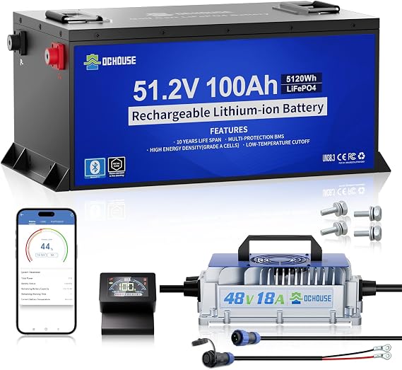 DC HOUSE Metal Case 48V 100Ah Lithium Golf Cart Battery Kit w/ 18A Charger