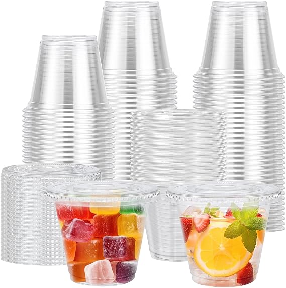 Lamosi 100 Pack 9 oz Clear Plastic Cups with Flat No Hole Lids | Disposable Dessert Cups with Lids for Cold Ceverages, Ice Cream, Yogurt Parfaits, Fruit, Dessert, Snacks, and Party