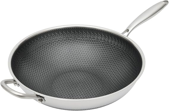 13 Inch Wok Pan,Hybrid Wok with Lid,Up To 578F,Non stick Stainless Steel Honeycomb Stir-Fry Skillet with Handle,Pfoa Free Cookware,Suitable for Dishwasher and Oven Safe, Works On Induction