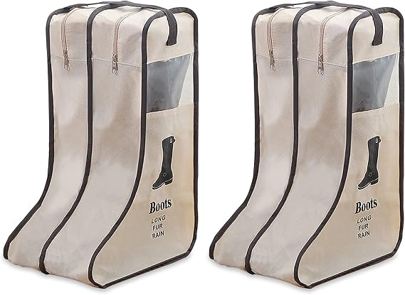 Portable Boot Storage Bags Dust Proof Shoe Bags for Storage,2 Pair Zippered Tall Boots Organizer Protector Bag with Handle for Home and Travel (White)