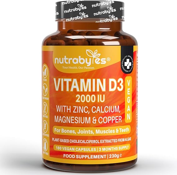 Vitamin D3 2000 IU | 180 Capsules | with Calcium, Magnesium & Zinc | Vegan