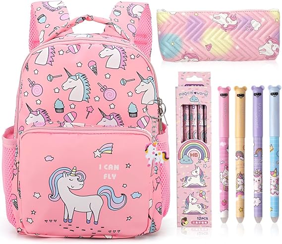 Unicorn Backpack Set for Girls, Pink Schoolbag Kit with Unicorn Pencil Case & key Chain Keyring, 10 Cute Pens, Cartoon Large Capacity Rucksack Book Bag for Teen Students