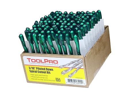 ToolPro 3/16 in. Piloted Down-Spiral Drywall Cutout Bit, Bulk 100-Pack - Downcut Zip Bit for Rotary Tools, Precision Drywall Routing