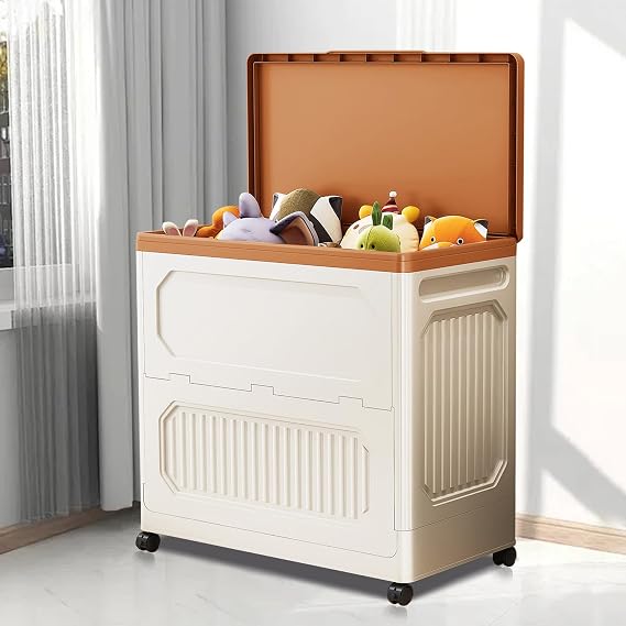Toy Storage Boxes with Lids - Large Capacity Storage Box with Wheels - Folding Organiser Storage Bins for Toys/Office Supplies/Snacks/Books/Clothes,Brown,60CM/24IN