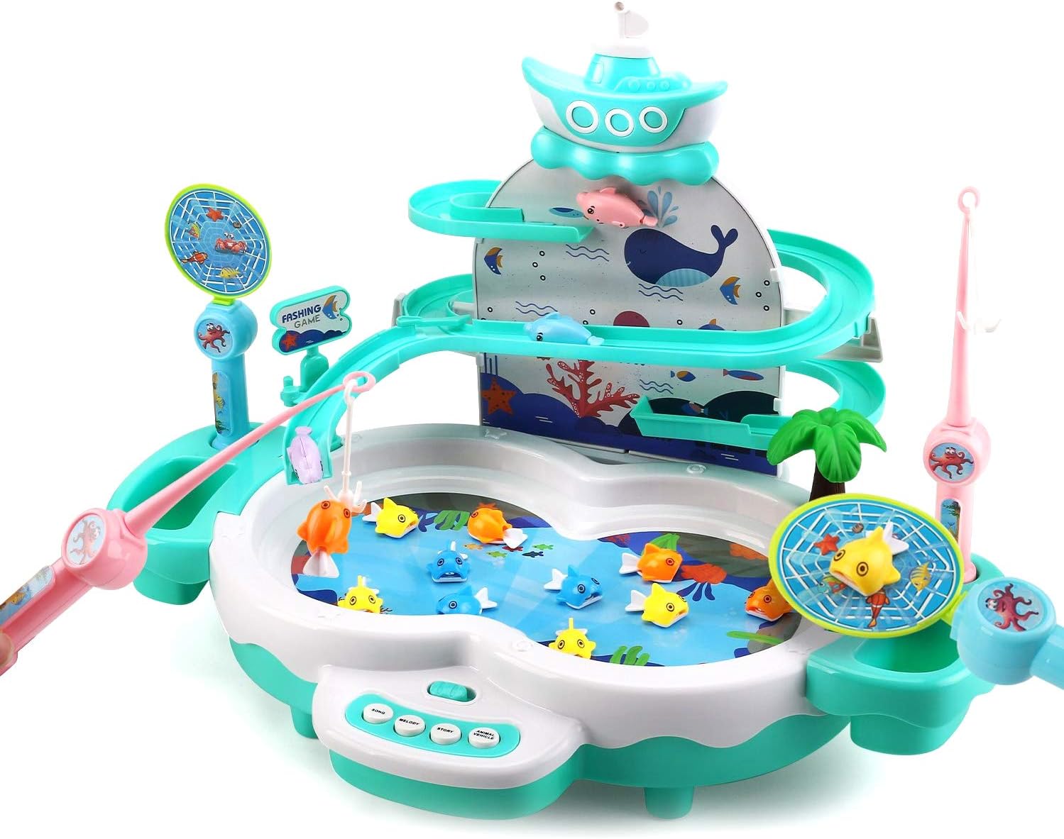 CUTE STONE Fishing Game Toys with Slideway,Electronic Toy Fishing Set with Magnetic Pond,10 Fish,3 Magnetic Dolphins,2 Toy Fishing Poles,Learning Educational Toys with Music Story for Kids Toddlers