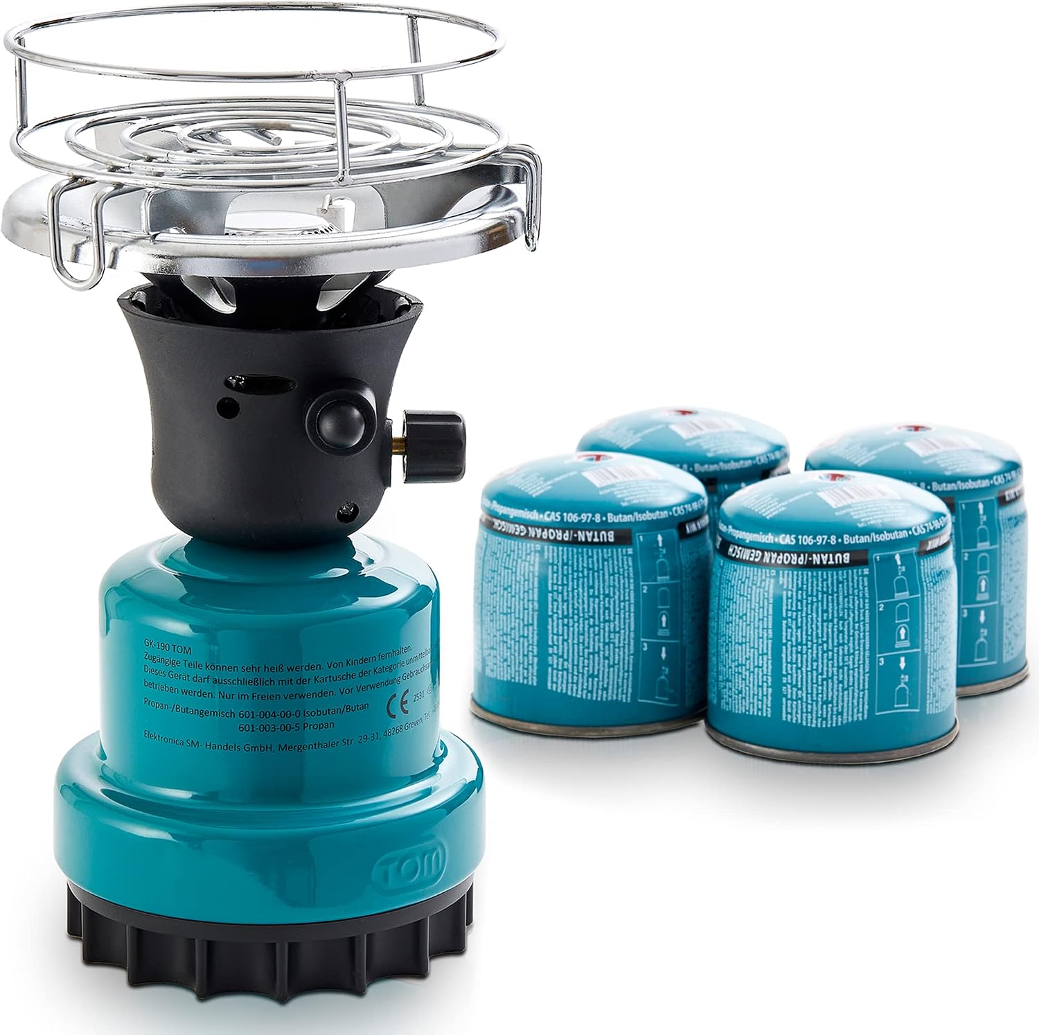 TOM Adventure Gas Camping Stove Set with 4 x Butane Gas Cartridge - 1 Flame - Piezo Ignition - Cartridge Stove for Camping Festivals & Outdoor Activities or as a Charcoal Lighter