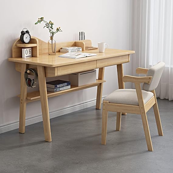 Mid-Century Modern Solid Wood Writing Desk with Drawers and Shelf - Ideal Computer Desk for Home Office Study, Stylish and Functional Furniture