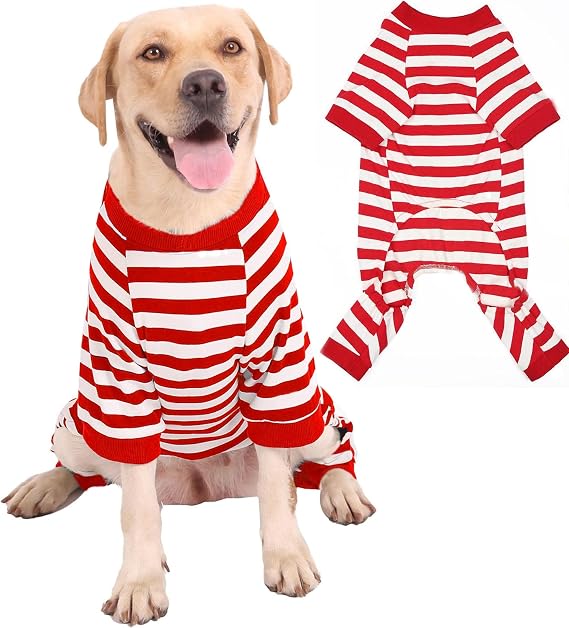 Dog Pajamas,95% Cotton Thermal Jumpsuit, Comfortable Striped PJS,Size from XS-L,for Small Large Dog Breeds,Red Extra Large,L