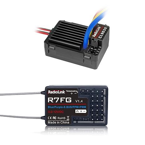 Radiolink CL9030 90A (2-4S) Brushed ESC and R7FG Receiver Kit, ESC Built-in 5A BEC Selectable 5.5V/7.5V Electronic Speed Controller for RC Crawlers Tanks Cars Boats (XT60 Plug)