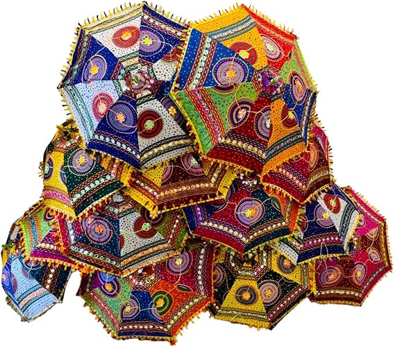 Marubhumi Indian Handmade Designer Cotton Fashion Multi Colored Umbrella Embroidery Boho Umbrellas Parasol (5 Pcs Lot)