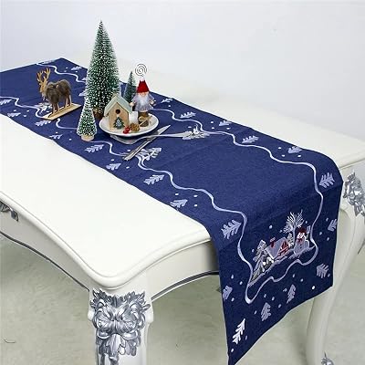 Santa Clause Embroidery Table Runner Holiday Table Runners for Dining Room for Christmas Table Decorations 13x70 inch,Blue