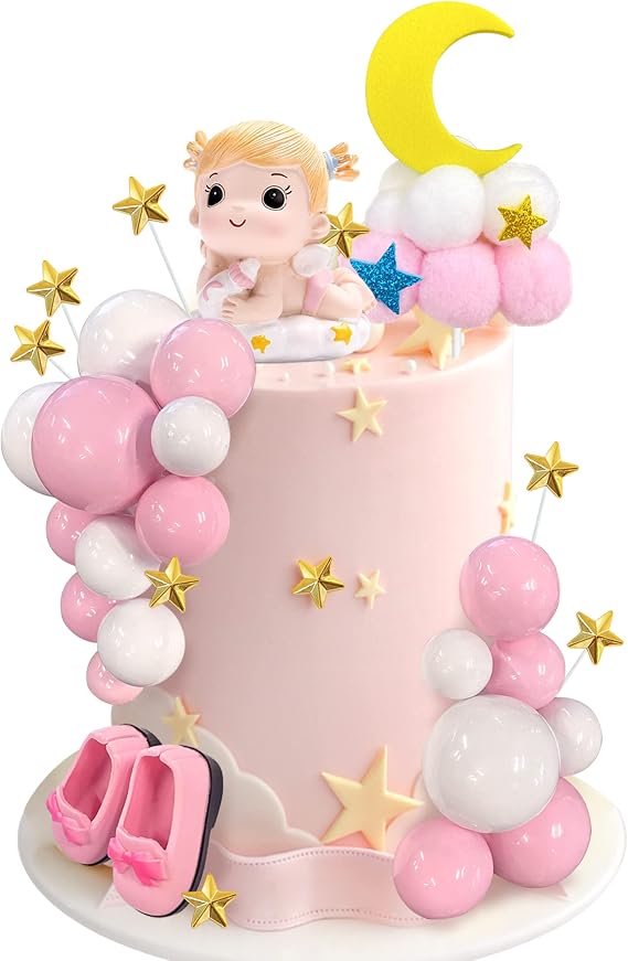 30PCS Pink Baby Girl Cake Decorations Its a Girl Cake Topper Pink Ball Cake Toppers for Baby Shower Birthday Cake Decoration