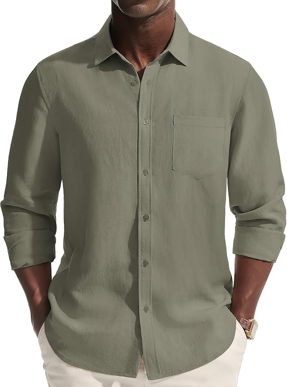 PJ PAUL JONES Mens Dress Shirts Linen Long Sleeve Button Down Casual Shirt for Men