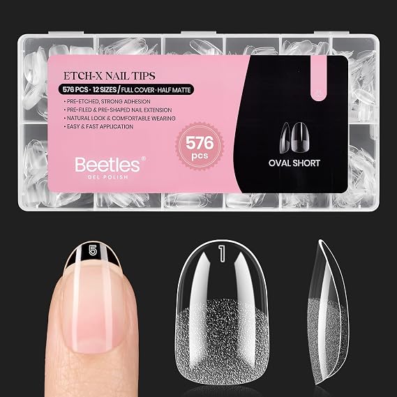 Beetles Gel Nail Tips Short Oval 576Pcs, 12 Sizes Pre-Shaped Half Matte Press On Nails Gelly Tips False Nails for Gel Full Cover False Nails Home DIY Nail Salon Gifts for Girls Women