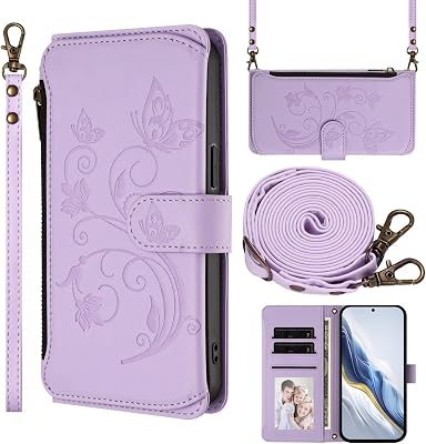 Wallet Case for Samsung Galaxy S6 Edge, Shockproof PU Leather Phone Cover with Card Slots Detachable Lanyard Kickstand, Girl Women Flower Floral Flip Wallet Case-Lavender