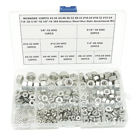 #2-56 to 3/8"-16 304 Stainless Steel Hex Nuts Assortment Kit,for #2-56#4-40#6-32#8-32#10-24#10-32#12-24 1/4"-20 5/16"-18 3/8"-16 Screws/Bolts