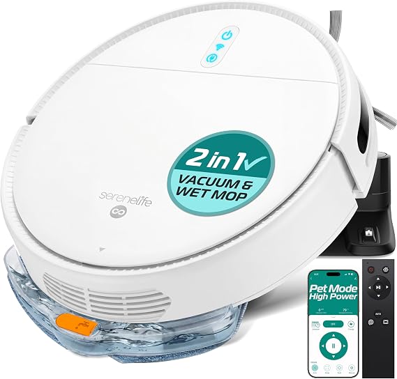SereneLife Automatic Robot Vacuum Cleaner and Mop Combo, App Control, 3 Cleaning Modes, Smart Anti-Fall Sensors, Self-Charging, High Suction Ideal for Pet Hair, Carpet and Hard Floors, White