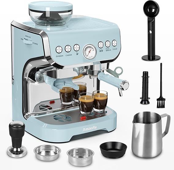 Amaste Espresso Machine with Grinder and Steam Wand, Retro Blue