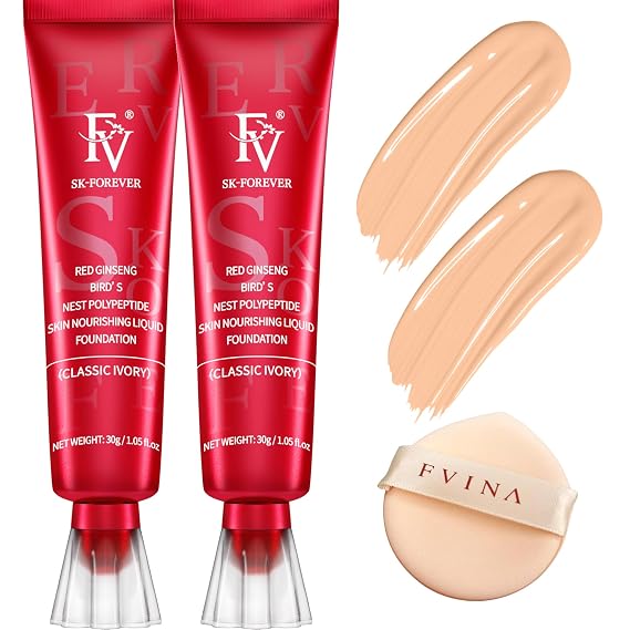 FV 2 Pack Waterproof Foundation, Lightweight & Medium Coverage Foundation with Matte Finish, Oil Control Long Lasting Liquid Foundation Makeup for Oily Normal Skin (Classic Ivory, 1.05 fl.oz)