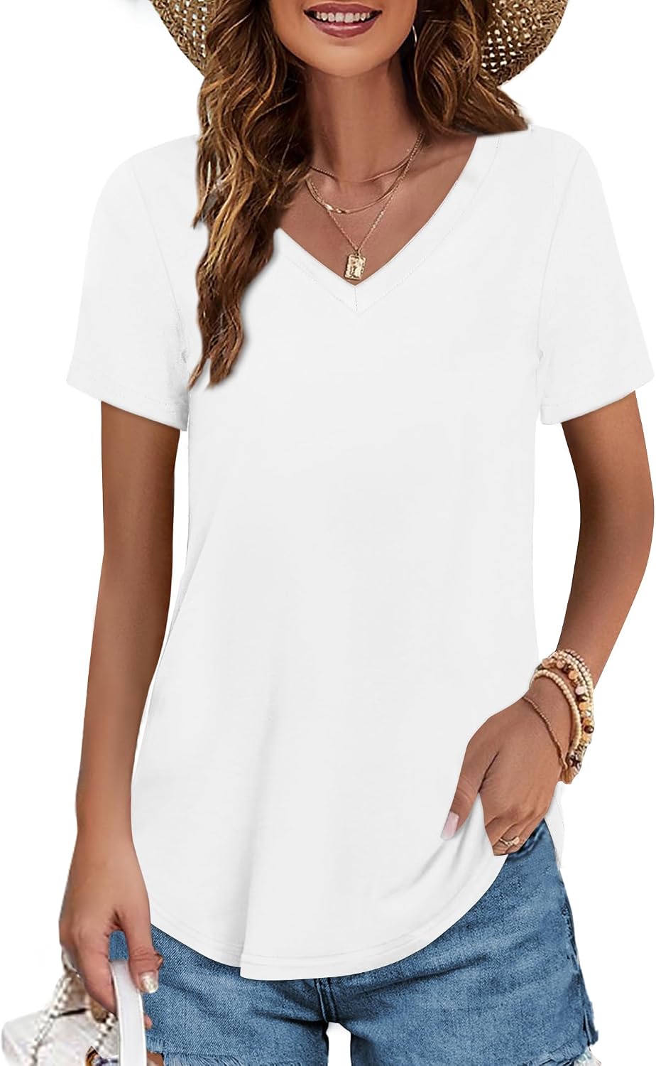 Elesomo Womens T Shirts V Neck Summer ShortLong Sleeve Cotton Tops Tees