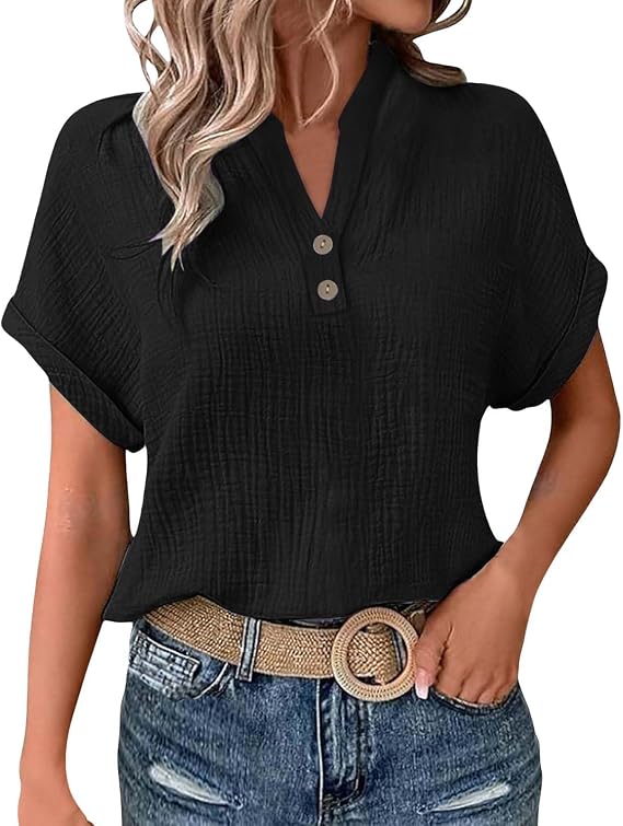 Women's Short Sleeve Cotton Linen Shirts Henley Dressy Casual Summer Tops 2025 Trendy Blouses Beach Vacation Clothes