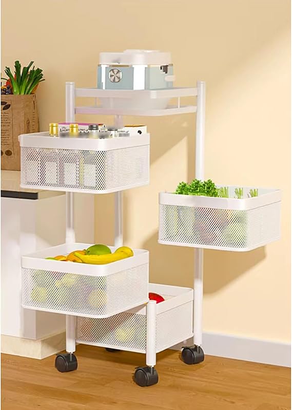 Fruit Vegetable Basket for Kitchen, Rotating Storage Rack Metal Bathroom Storage Shelf Rolling Kitchen Basket Organizers and Storage Utility Cart, No Assembly(4 Tier, White)