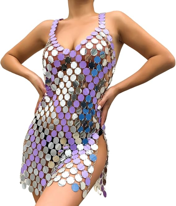 Women Sexy Mirror Sequins Slit Dress Bra Stitching Color Body Chain Summer Beach Belly Chain Chest Bra Dress Body Jewelry for Party Night Club-A (A one Size)