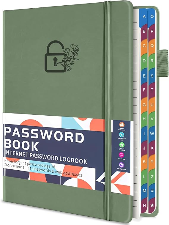 Password Keeper Book with Colorful Alphabetical Tabs, 5.8x8.4 Hardcover Password Log-Book, 200 Pages/100 Sheets Password Notebook Organizer for Internet Website Address Login (Green)