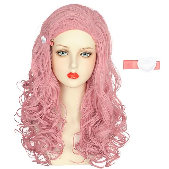 yuehong Long Curly Women Pink Anime Cosplay Costume Wig Heat Resistant Synthetic Fibers Breathable Wig with Pink Peach Barrette(Adult)