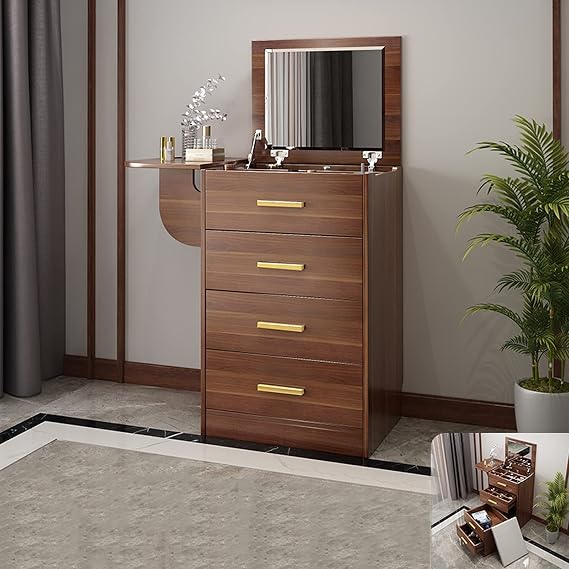 Dressing Table Cosmetic Table with Flip Up Mirror, 5 Drawers and Compartments, Modern Vanity Makeup Writing Desk with Make-up Stool - Brown