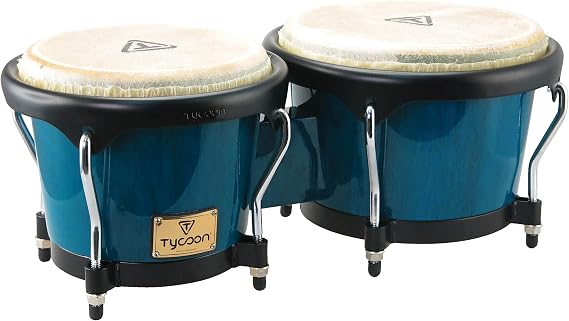 Tycoon Percussion 7" & 8.5" Bongos, Siam Oak Shells, Water Buffalo Heads, Black Powder-Coated Classic-Pro Hoops, Glossy Finish, 5/16" Tuning Lugs w/Wrench, Artist Series, Blue (TB-80BBL)
