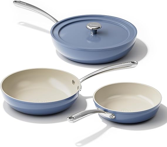 Redchef Nonstick Ceramic Pans, 4-Piece Deep Ceramic Frying Pan with Lid, 8" 9.5" 11" Deep Frying Pan, Egg Frying Pans Suitable for All Stovetops, PFAS & PTFE & PFOA Free, Oven Safe, Blue