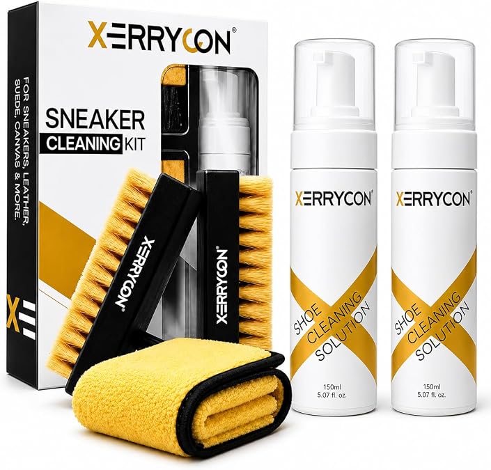 White Shoe Sneaker Cleaner Kit, Best Tennis Shoe Cleaning Foam with Soft Brush, Stiff Sole Brush & Microfiber Towel