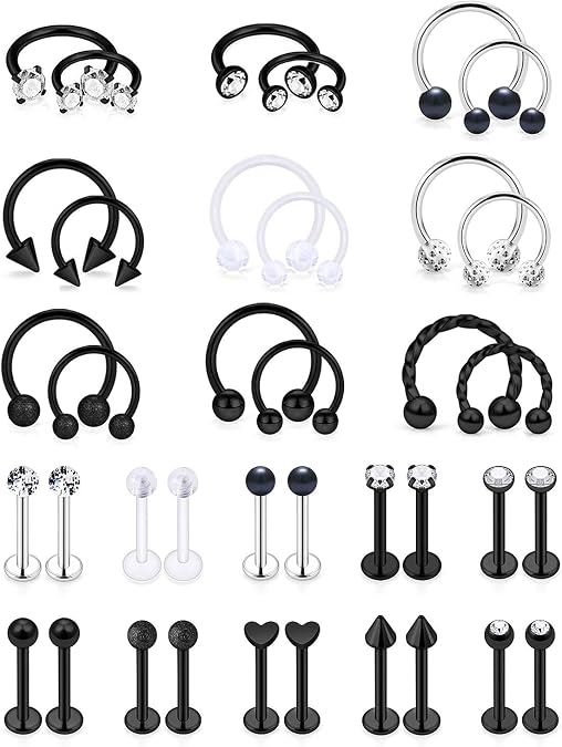 SCERRING 16g Lip Rings Stainless Steel Horseshoe Labret Monroe Lip Rings Nail Tragus Rook Helix Cartilage Earrings Studs Ring Medusa Piercing Jewelry 38PCS
