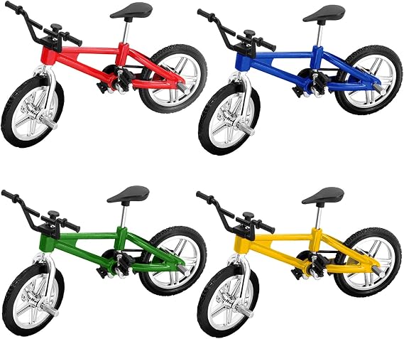 NOVELTY PLACE Mini Finger Bike - Miniature Fidget Bicycle Toy Game Set for Kids and Adults - Metal Bike Model Collections Decoration - 4 Colors (4 Pack)