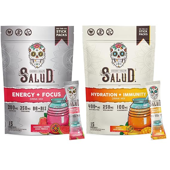 Salud 2-Pack |2-in-1 Energy + Focus (Guava) & Hydration + Immunity (Mango) 15 Servings Each, Agua Fresca Drink Mix, Non-GMO, Gluten Free, Vegan, Low Calorie, 1g of Sugar