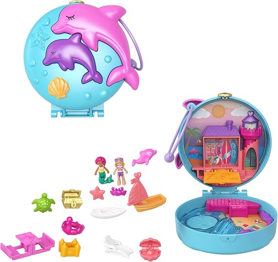 Polly Pocket Dolphin Beach Compact, Beach-Adventure Theme with Micro Polly & Mermaid Doll, 5 Reveals & 12 Accessories, Pop & Swap Feature, Great Gift for Ages 4 Years Old & Up, GTN20