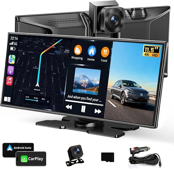 11.5" Largest Wireless Carplay Screen for Car, Portable A pple Carplay & Android Auto Touch Screen, 4K Dash Cam/App Control/1080p Backup Camera/Mirror Link/Voice Control/GPS/Bluetooth,for All Vehicles