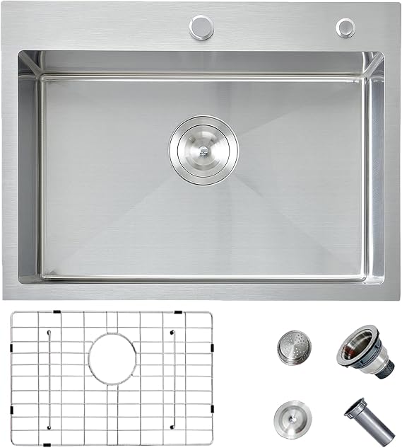 HOTIS 24 x 18 Inch Drop In Kitchen Sink, Overmount 304 Stainless Steel RV Laundry Utility Sink, Topmount Extra-thick 16 Gauge Brushed Nickel Single Bowl Sink with Dish Grid & Drain