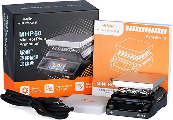 MINIWARE Soldering Station MHP50 Hot Plate Preheater Constant Heating 100-350°C Smart Soldering Iron Welding Platform Tool 50 * 50mm Aluminum (Anodized Surface) Heating Area