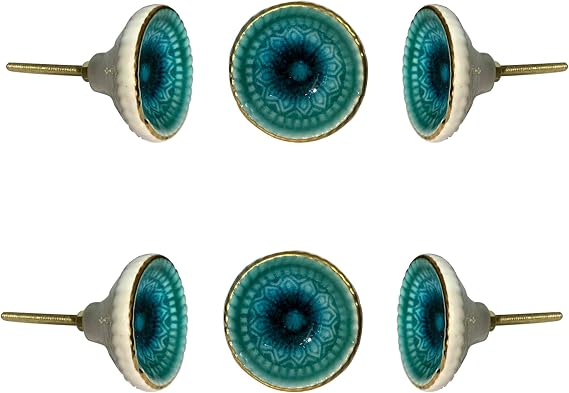 Perilla Home Set of 6 Marrakech Ceramic Turquoise Knob Round Small Knobs Kitchen Cabinet Cupboard Glass Door Dressser Wardrobe and Drawers Pull Knob