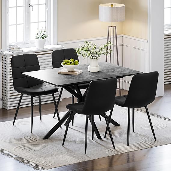 Extendable Dining Table and Chairs Set 4, 120-160cm Concrete Effect Table with 4 Black Upholstered Linen Chairs for Dining Room, Kitchen