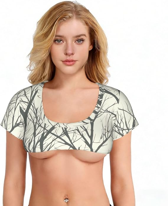 Tree Branch Womens Crop Tops Trendy Short Sleeve Summer Crew Neck Basic Tees Low Cut Sexy T Shirts Black