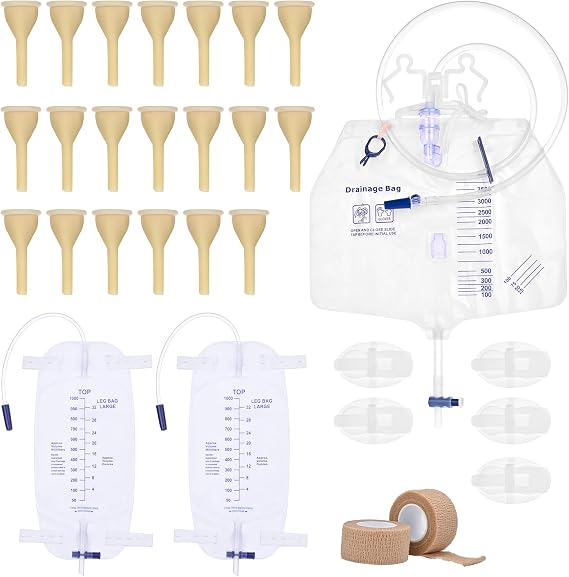 Condom Catheters for Incontinence Men, Urinary Drainage Bag Set, 4000mL Overnight Urine Bags x 1, 1000mL Urinary Leg Bags x 2, 20 Soft Latex, 5 Stabilization Device, 2 Roll Tapes Set (25mm)