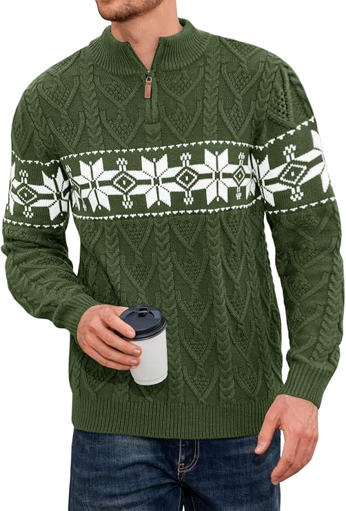 Makkrom Mens Ugly Christmas Sweater Quarter-Zip Pullover Mock Neck Sweater | Snowflake Knit Design, 1/4 Zip, Work Dress Sweater,Casual Business Knitwear, Fall Winter Fashion