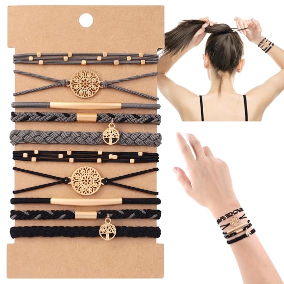 DIYDEC 10PCS Boho Hair Ties Bracelet for Women Accessories(Black and Grey)